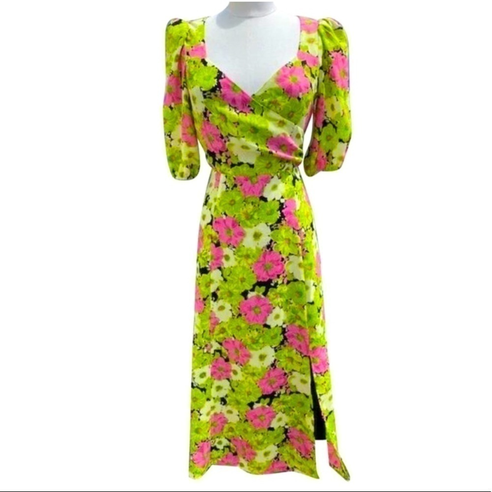 NWT WAYF SURPLICE NECK GREEN FLORAL MIDI DRESS L - Picture 3 of 8